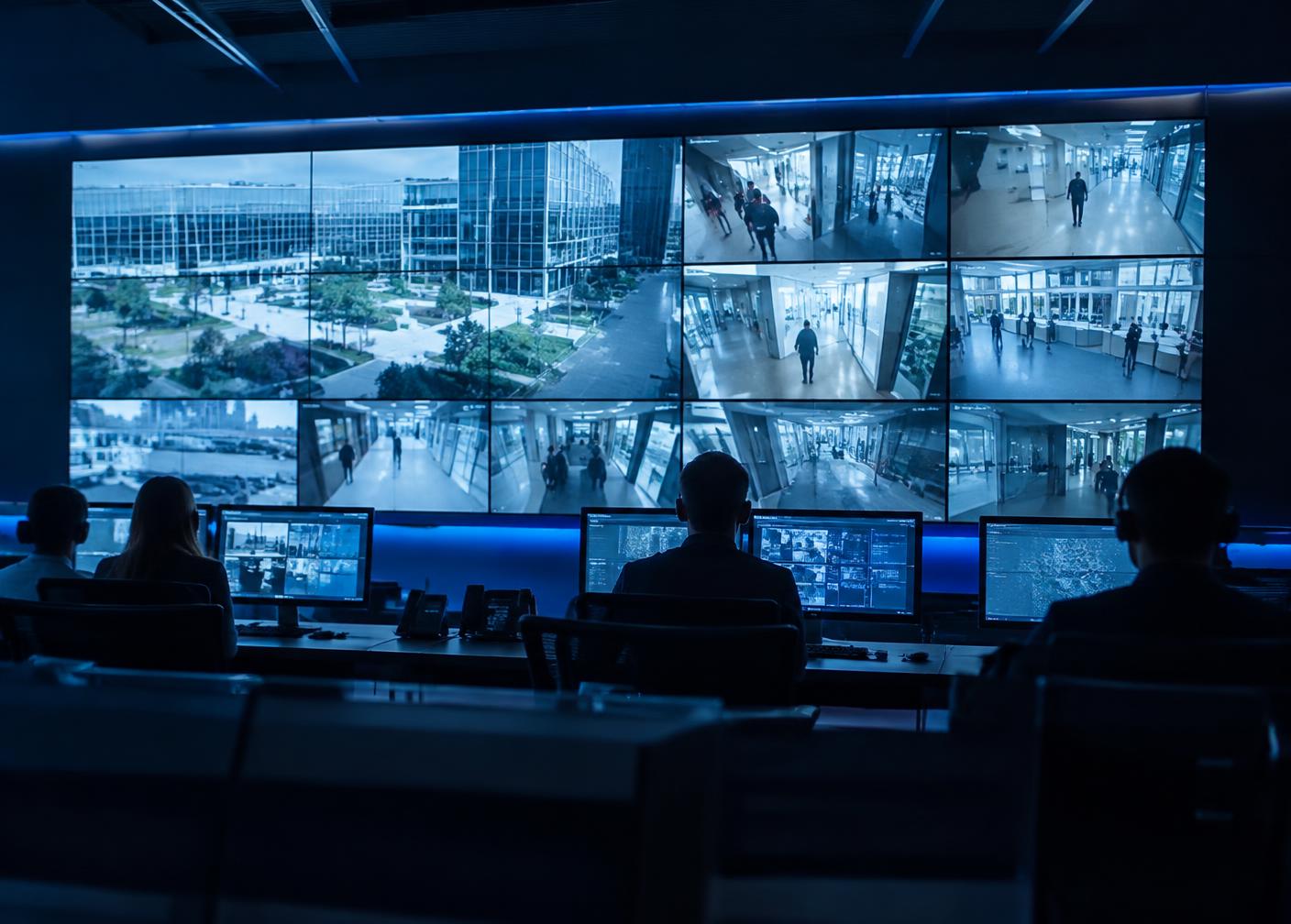 Security operations center with a video wall of building camera feeds