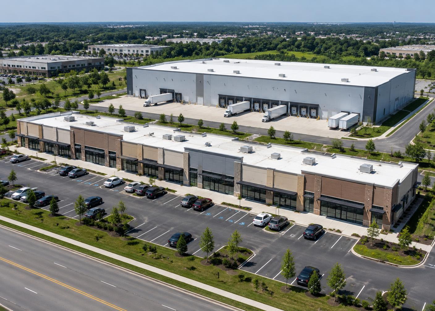Aerial view of a retail center and distribution warehouse